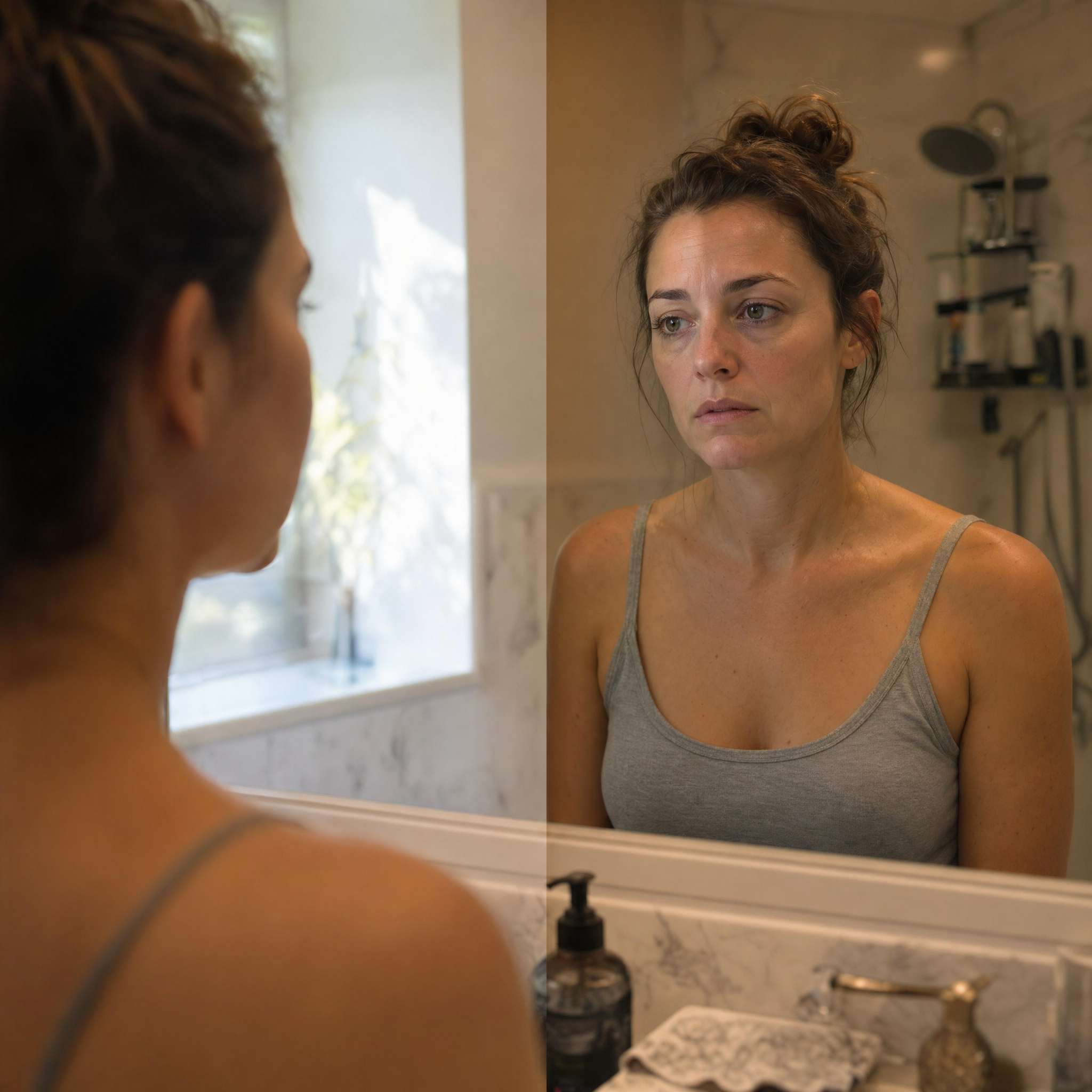 Woman looking tired in bathroom mirror