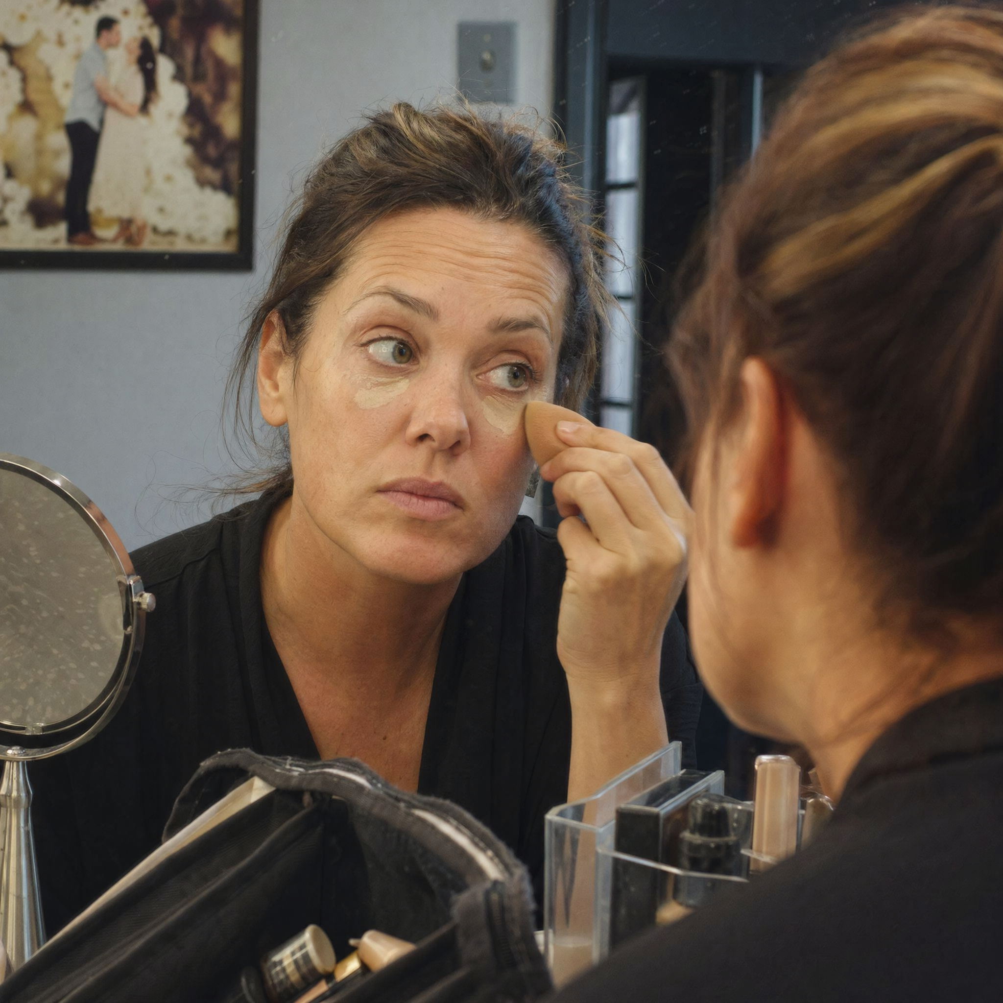 Woman struggling with makeup and skin lines
